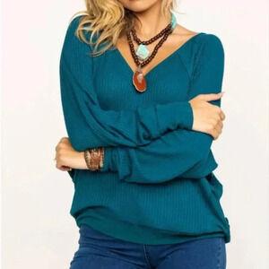 Free People Teal V Neck Thermal Top